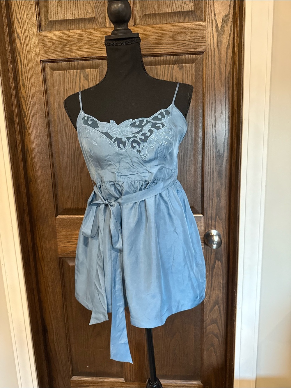 Anthropologie lil Steel Blue Embroidered Spaghetti-Strap Silk Top Waist Tie